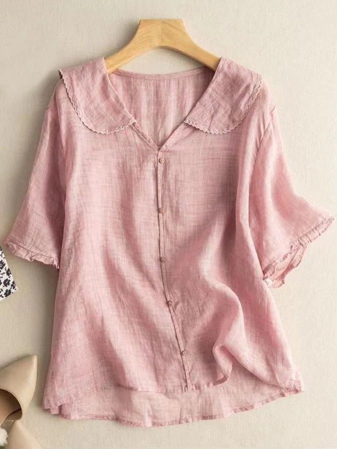 Chemise Femme Col Claudine Manches Courtes Décontractée Coupe Standard Avec Léger Élastique Pour Toute Annee