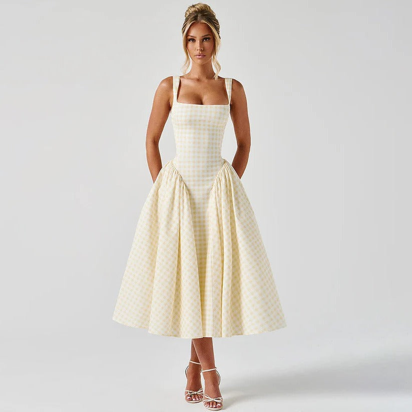 Robe Midi À Encolure Carrée Amawinc Motif Carreaux Élégante Pour Printemps Été Chic