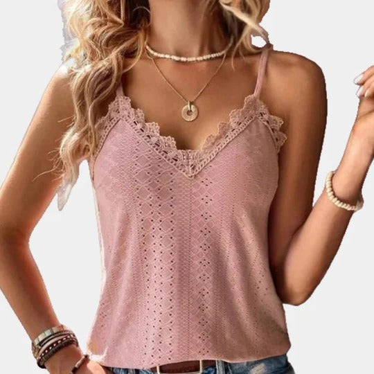 Top Pour Femme Col V Avec Broderie Oeillets Et Patch Dentelle Pour Toucher Féminin Et Confortable