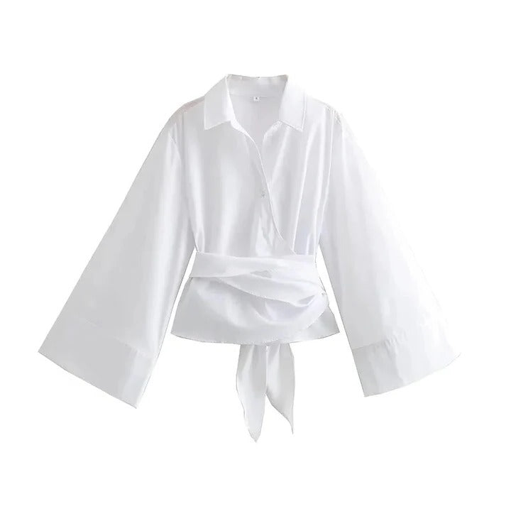 Blouse À Manches Longues Avec Ceinture Large À Nœud Pour Confort Et Équilibre Visuel Quotidien