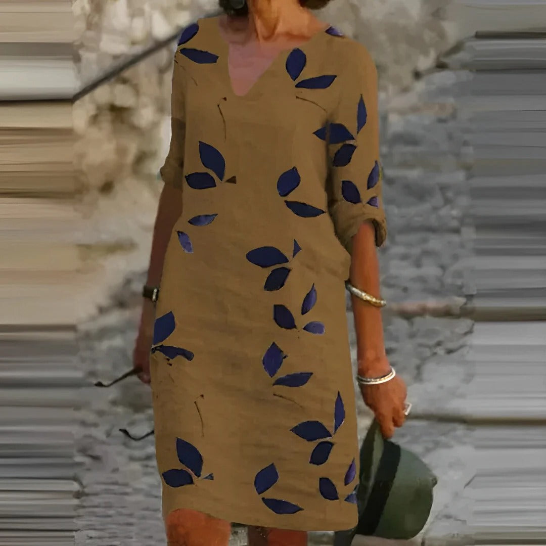 Amawinc Robe A-Line Encolure V Imprimé Feuillage Léger Respirante Été Confortable Pour Quotidien Et Voyage Léger