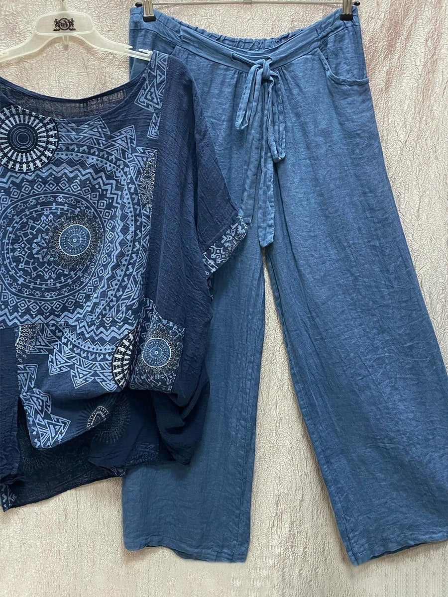 Amawinc Ensemble Deux Pièces Été Imprimé Géométrique Haut Col Rond Manches Courtes Pantalons à Taille Haute Amples