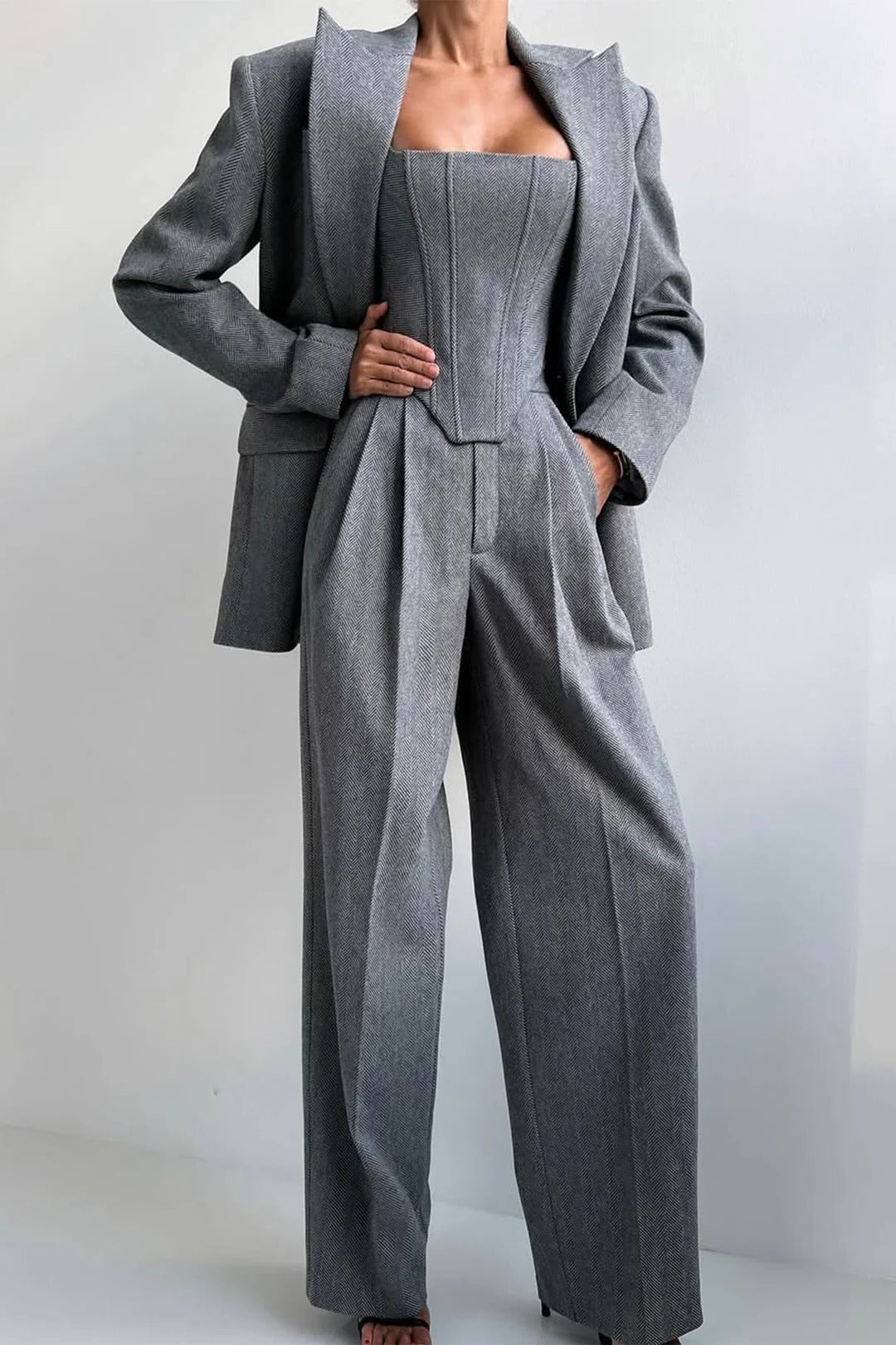 Tailleur Trois Pièces Pour Femmes Avec Blazer Haut Structuré Et Pantalon À Jambe Large