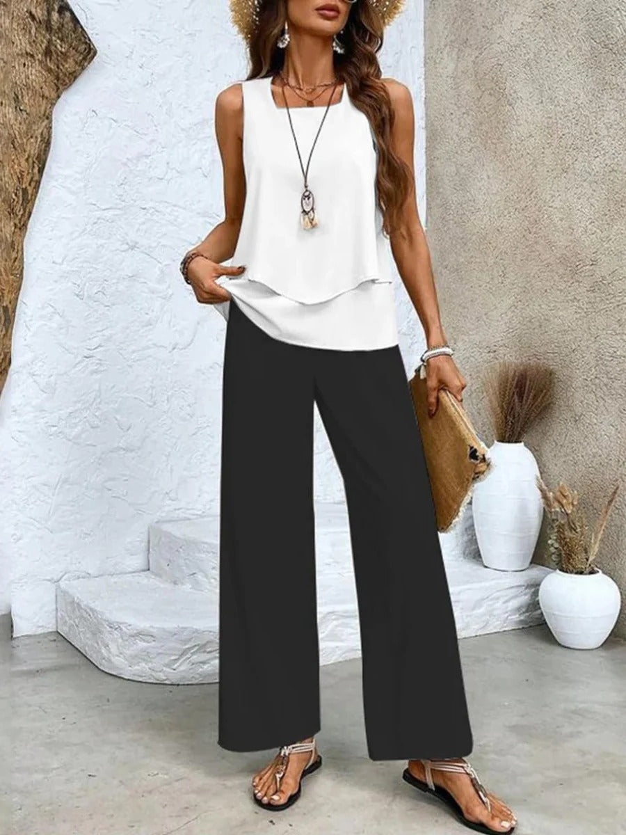 Ensemble Deux Pièces Été Amawinc Haut Superposé Léger et Pantalon Large Pour Vacances et Brunch