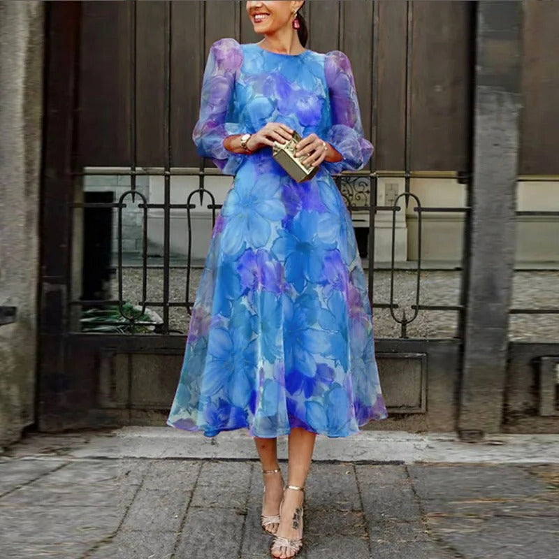 Robe Midi Florale à Manches Longues Transparentes Idéale pour Journées D'Été et Soirées Élégantes