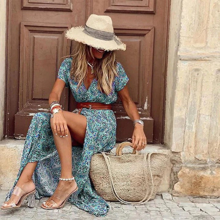 Robe D'Été Pour Femmes Amawinc Manches Courtes Col V Confort Raffiné Style Estival Décontracté