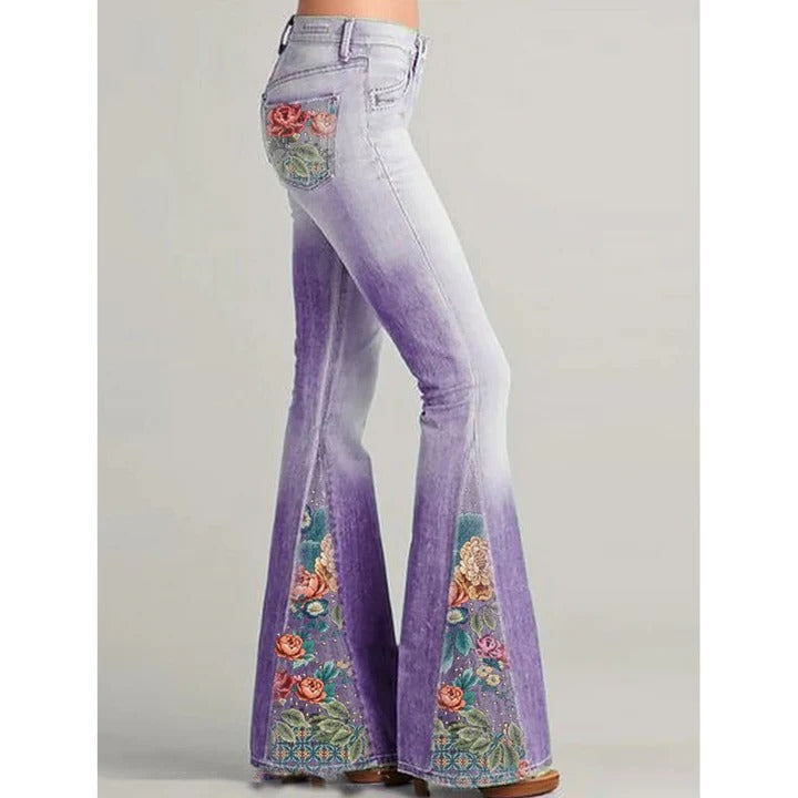 Jean Femme Vintage Brodé Floral Évasé Confortable Pour Look Rétro Élégant Quotidien