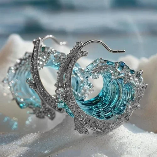 Jessica Boucles D Oreilles Vague Avec Pierres Étincelantes Et Centre Résine Bleu Élégantes