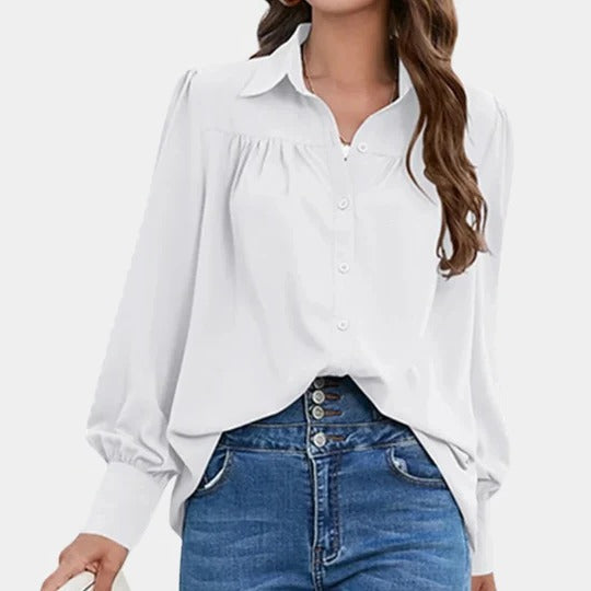Blouse Femme Manches Lanternes Col Chemise Unie Détails Boutons Idéale Travail Printemps Été Automne