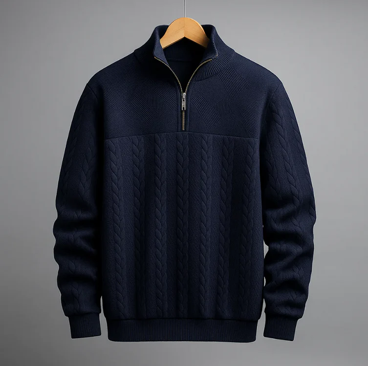 Pull Maille Cable Preston Col Zippé Quart Confort Durable En Coton Jacquard Premium