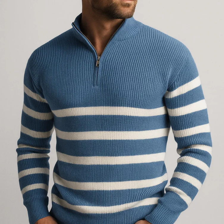 Amawinc Carlier Pull Zippé Rayé Pour Homme Noir Tricot Avec Rayures Blanches Horizontales Col Zippé Demi Longueur