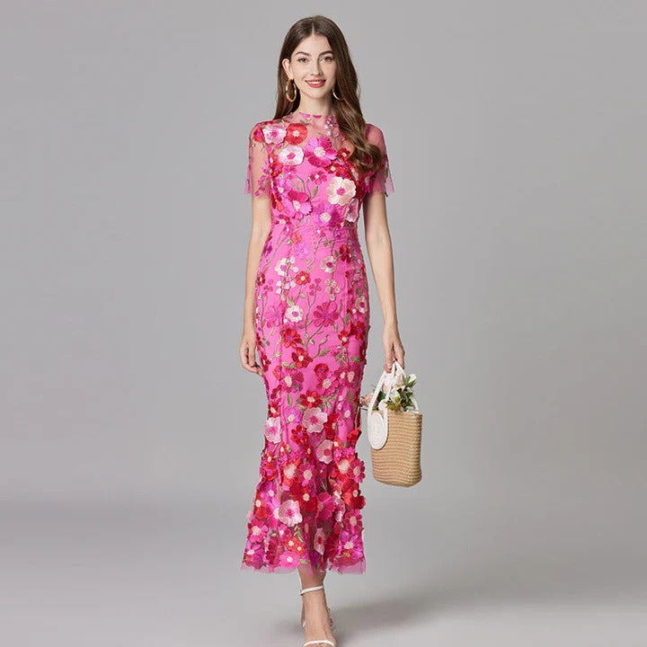 Robe Sans Manches Fleurie pour Femme Midi Élégante Idéale Mariages Réceptions Jardin