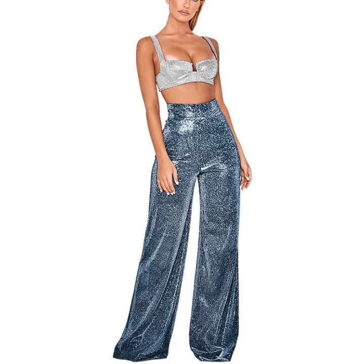 Pantalon Pailleté À Taille Haute Coupe Droite Avec Finition Scintillante Pour Une Silhouette Élégante