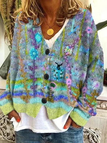 Cardigan Femme Motifs Rétro Bouton Devant Confortable pour Décontracté et Quotidien à Porter Toute l'Année