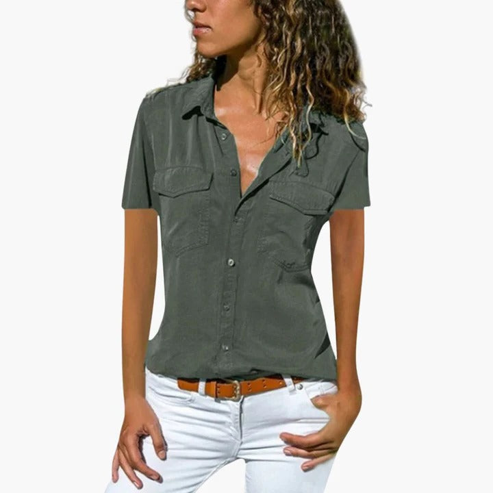 Blouse D'Été Pour Femme À Manches Courtes Boutonnée Tissu Lisse Pour Un Style Soigné Au Travail Et Loisirs
