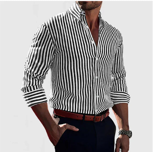 Chemise Homme Slim Fit Coton Rayures Manches Longues Boutonnée Bureau Décontracté