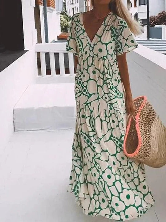 Robe Longue à Manches Courtes Avec Imprimé Fluide Pour Le Quotidien et Les Occasions Spéciales