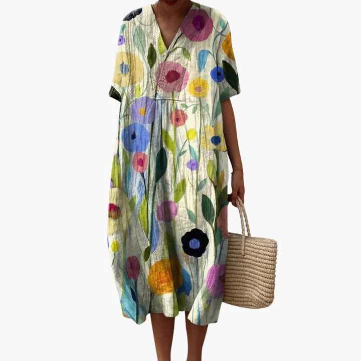 Robe Amawinc D'Été Pour Femmes Fluide Respirant Motif Fleuri Col V Manches Courtes
