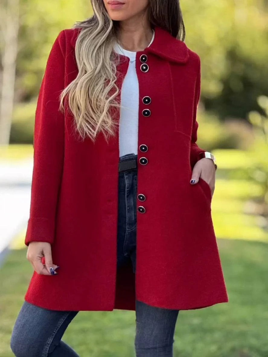 Manteau Femme En Laine Mélangée À Coupe Décontractée Longueur Genoux Col Revers Arrondi Pour Look Chic