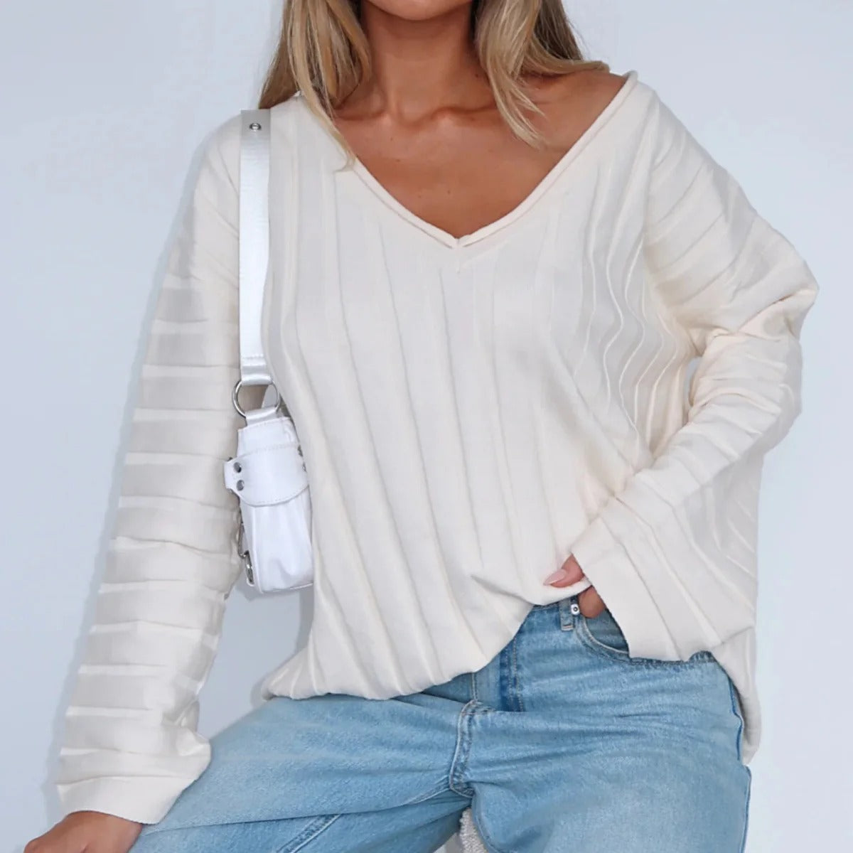 Pull Pour Femme En Laine Douce À Col V Coupe Ample Manches Longues Côtes Nordisk Flair