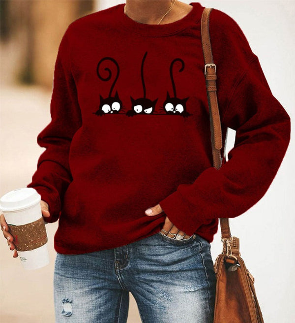 Sweat Femme Oversize En Mélange Coton Col Rond Imprimé Chat Décontracté Pour Look Quotidien Confortable