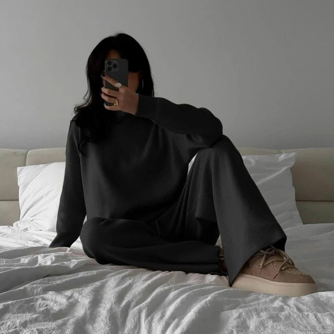 Ensemble Loungewear Femme Deux Pièces Oversize En Maille Côtelée Col Haut Fentes Latérales Confort