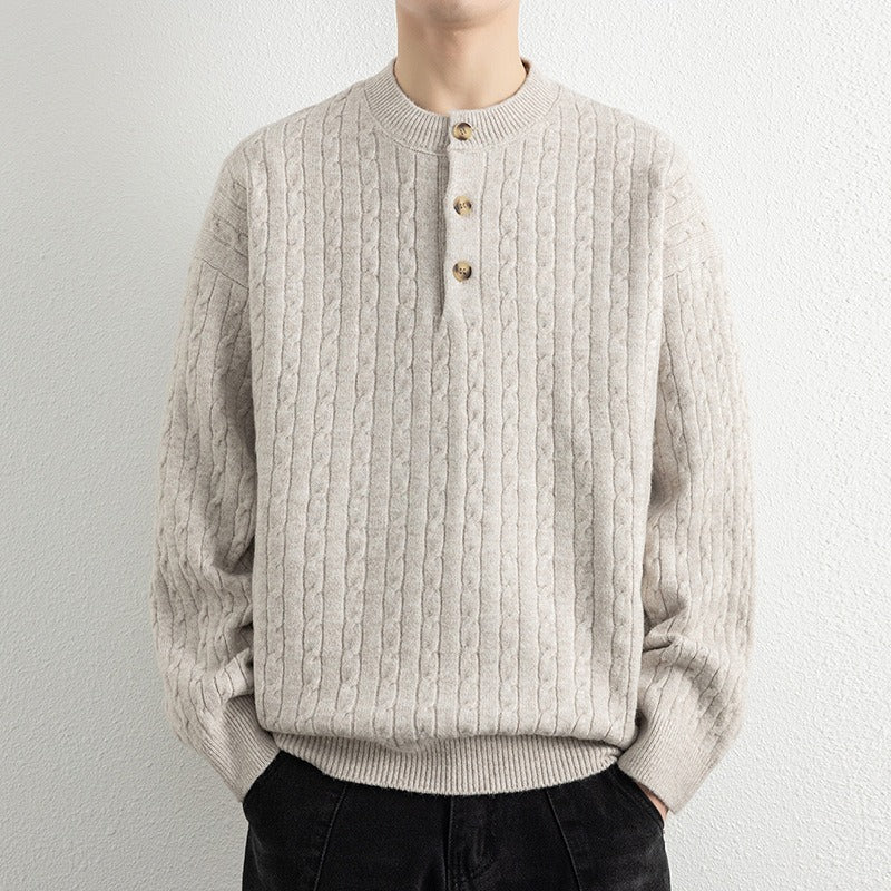 Pull Col Henley En Laine Mélangée Avec Bord Cotes Pour Hommes Décontracté Et Polyvalent