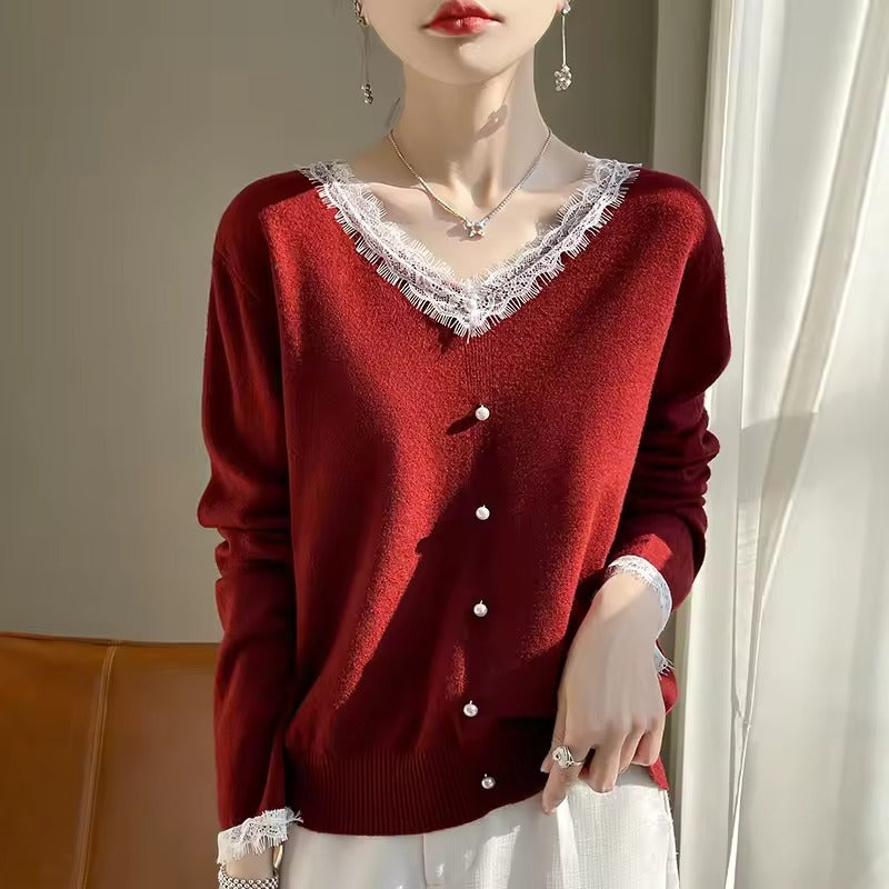 Pull Femme Mélange de Laine Col en V Dentelle Manches Longues Coupe Décontractée Style Décontracté