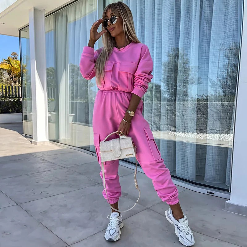 Ensemble Deux Pièces Femme Coupe Décontractée Haut Col Rond Manches Longues Pantalon Joggers Cintrés