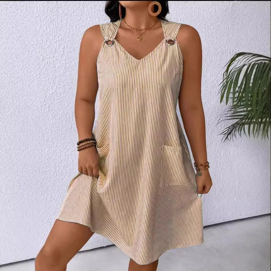 Robe Femme À Coupe A Ligne Encolure V Rayée Détail Anneau Aux Épaules Genou Longueur Poches