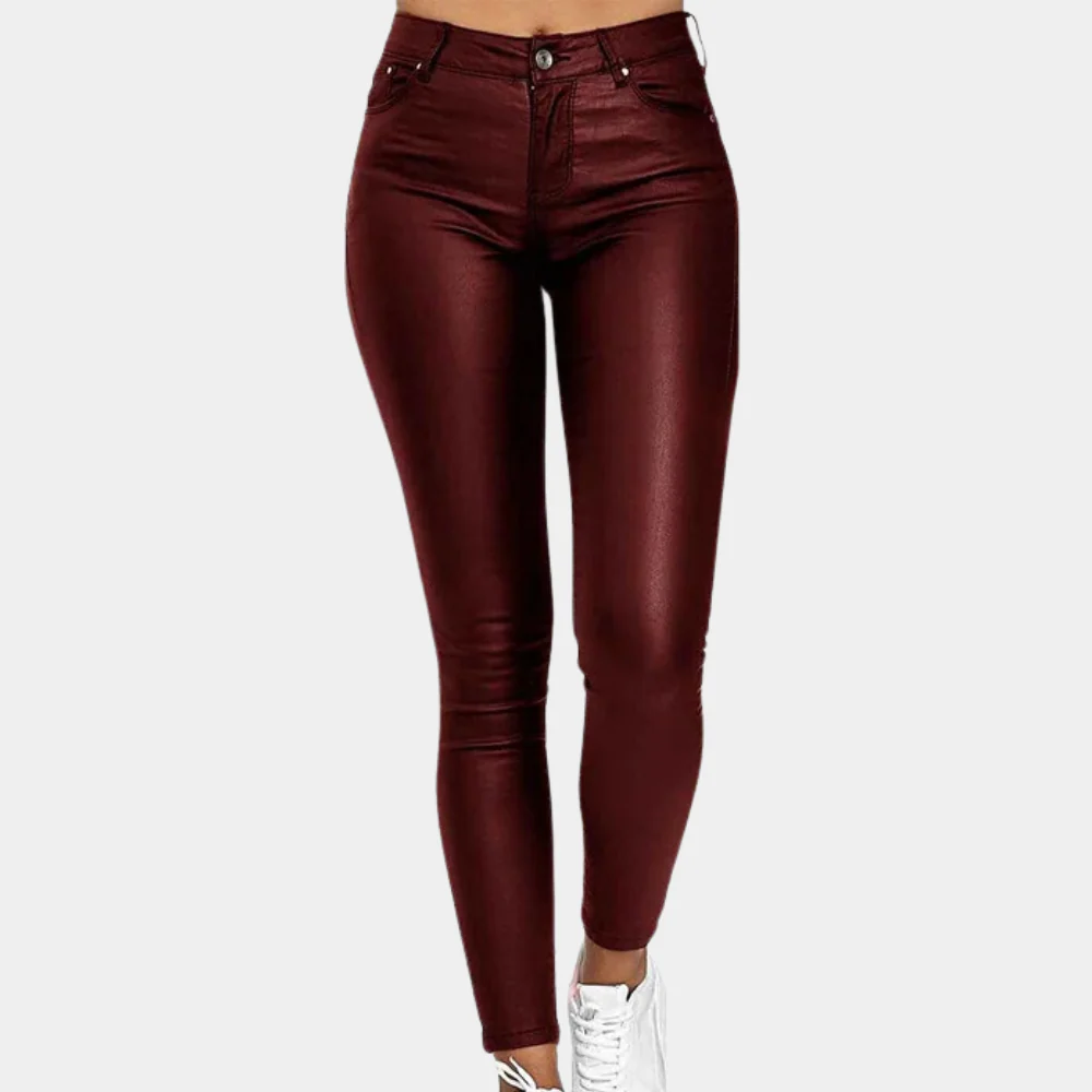 Pantalon Femme Slim Fit Effet Cuir PU Longueur Pleine À Cinq Poches Polyvalent Et Élégant Pour Jour Et Nuit