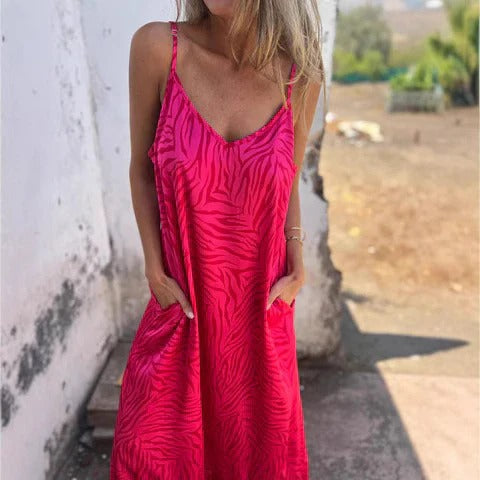 Robe Maxi Femme Imprimé Animalier Décontractée Avec Bretelles Fines Poches Pour Été