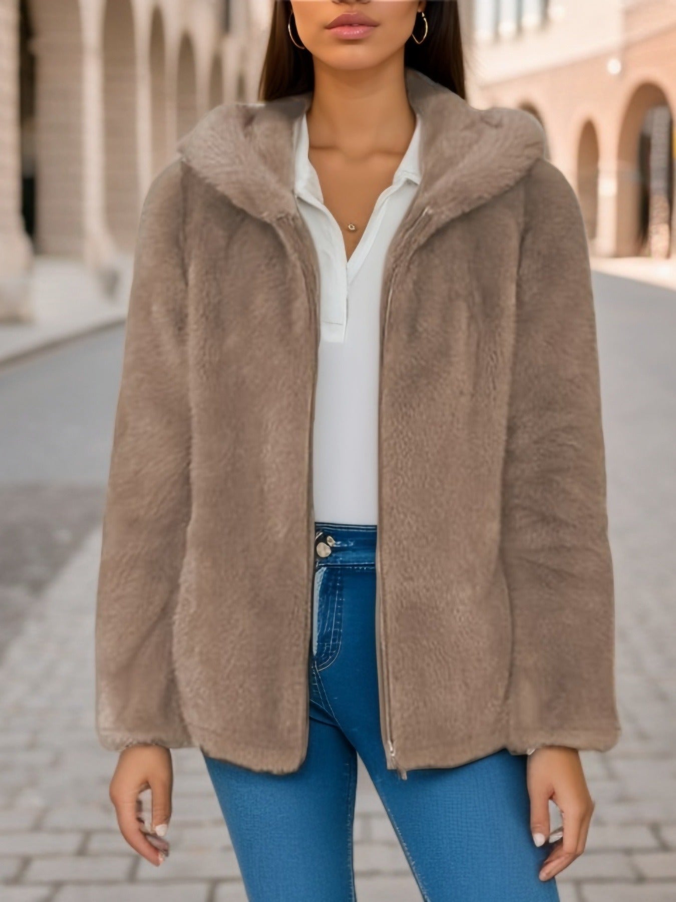 Sweat à Capuche Pour Femme en Coral Fleece Doublé Laine Zip Frontal Coupe Décontractée