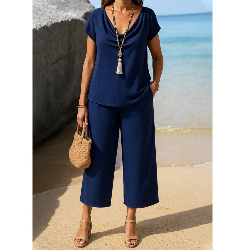 Ensemble Pantalon et Pull Femme en Maille Douce Col en Peluche Pantalon Large à Jambe Courte Style Confort Moderne
