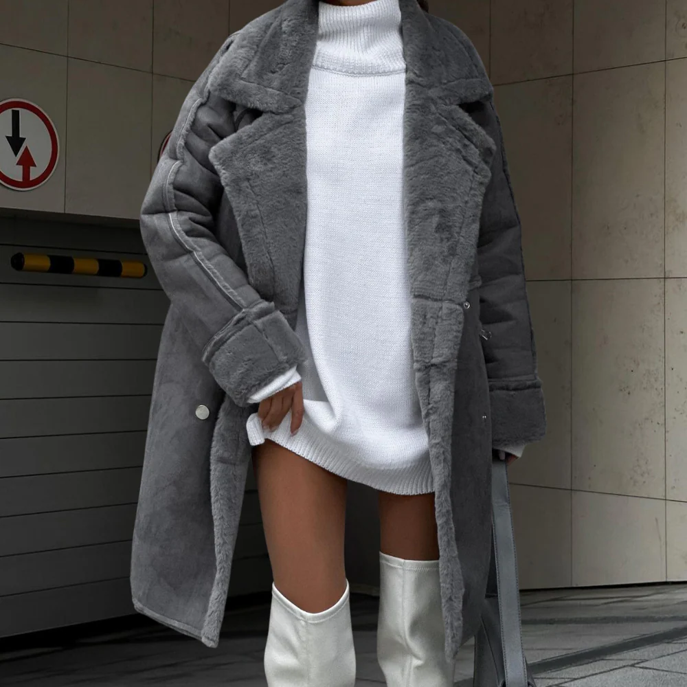 Manteau Long Pour Femme En Fourrure Synthétique Pelucheuse Coupe Oversize Revers Large Boutonnage Devant