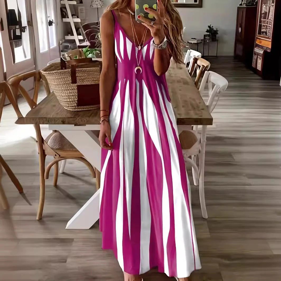 Robe Maxi Femme À Coupe Fluide Sans Manches Col V Rayures Verticales Pour Été Vacances Style Décontracté Et Confortable