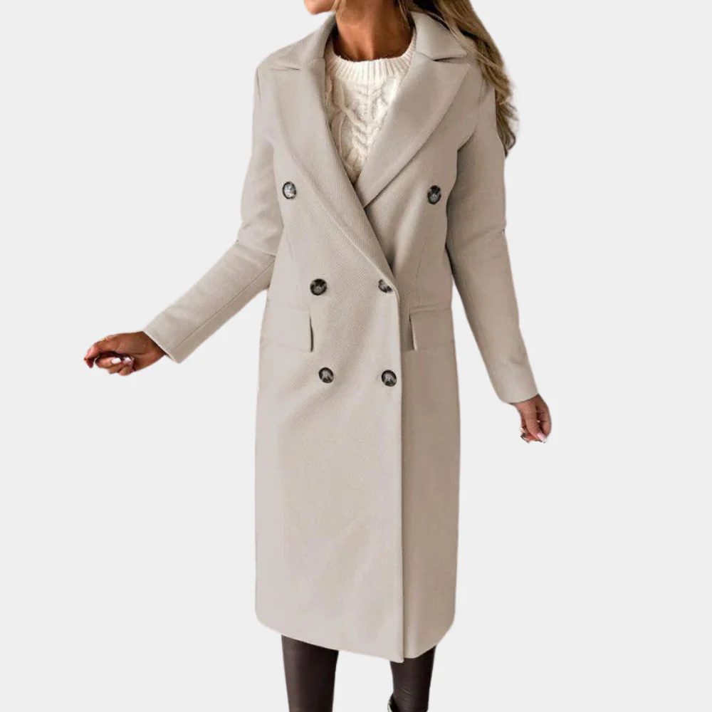 Manteau Long Femme Nordisk Flair Effet Laine Coupe Tailorée Double Boutonnage Revers À Cran Élégance Polyvalente