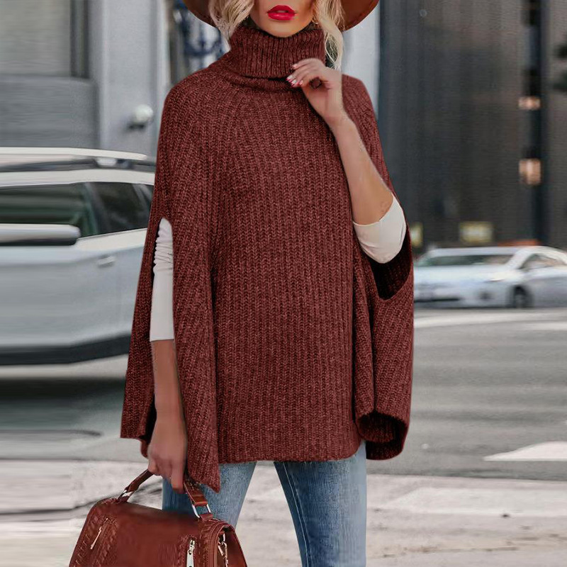 Cape Femme Ample en Maille Laine Mélangée Col Haut avec Fentes aux Manches Confort Chic pour Automne Hiver