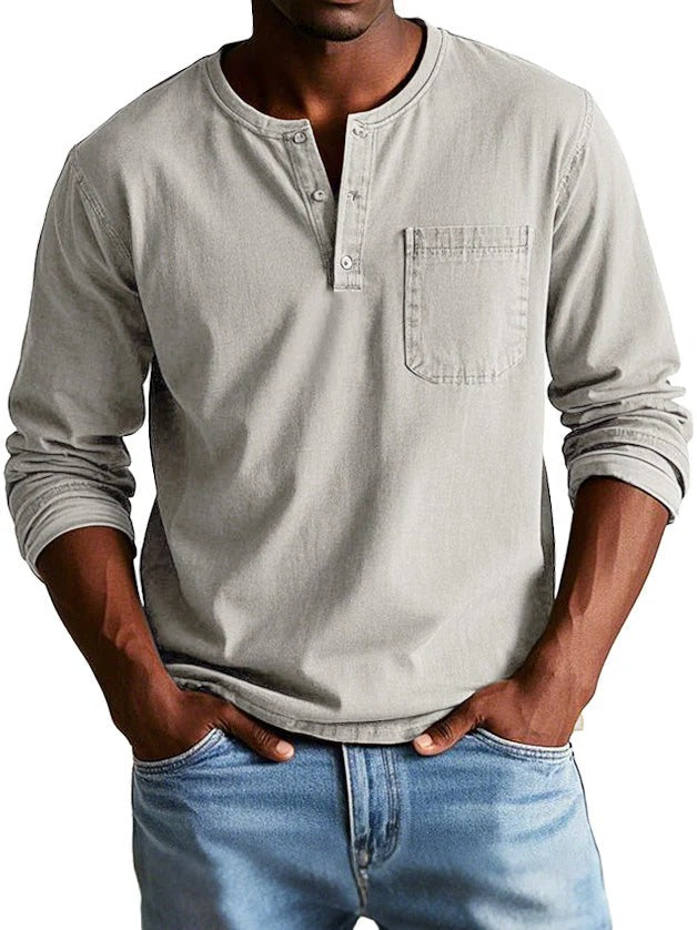 Pour Homme Haut Manches Longues Avec Poche Poitrine Col Rond Patte Boutonnée Coupe Classique Effet Coton