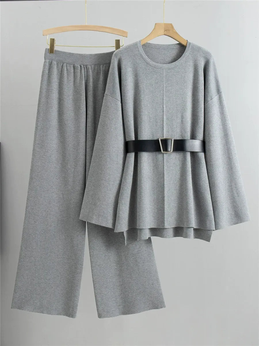 Ensemble Deux Pièces Pour Femme Pull En Tricot À Manches Évasées Et Pantalon Taille Haute À Jambes Larges