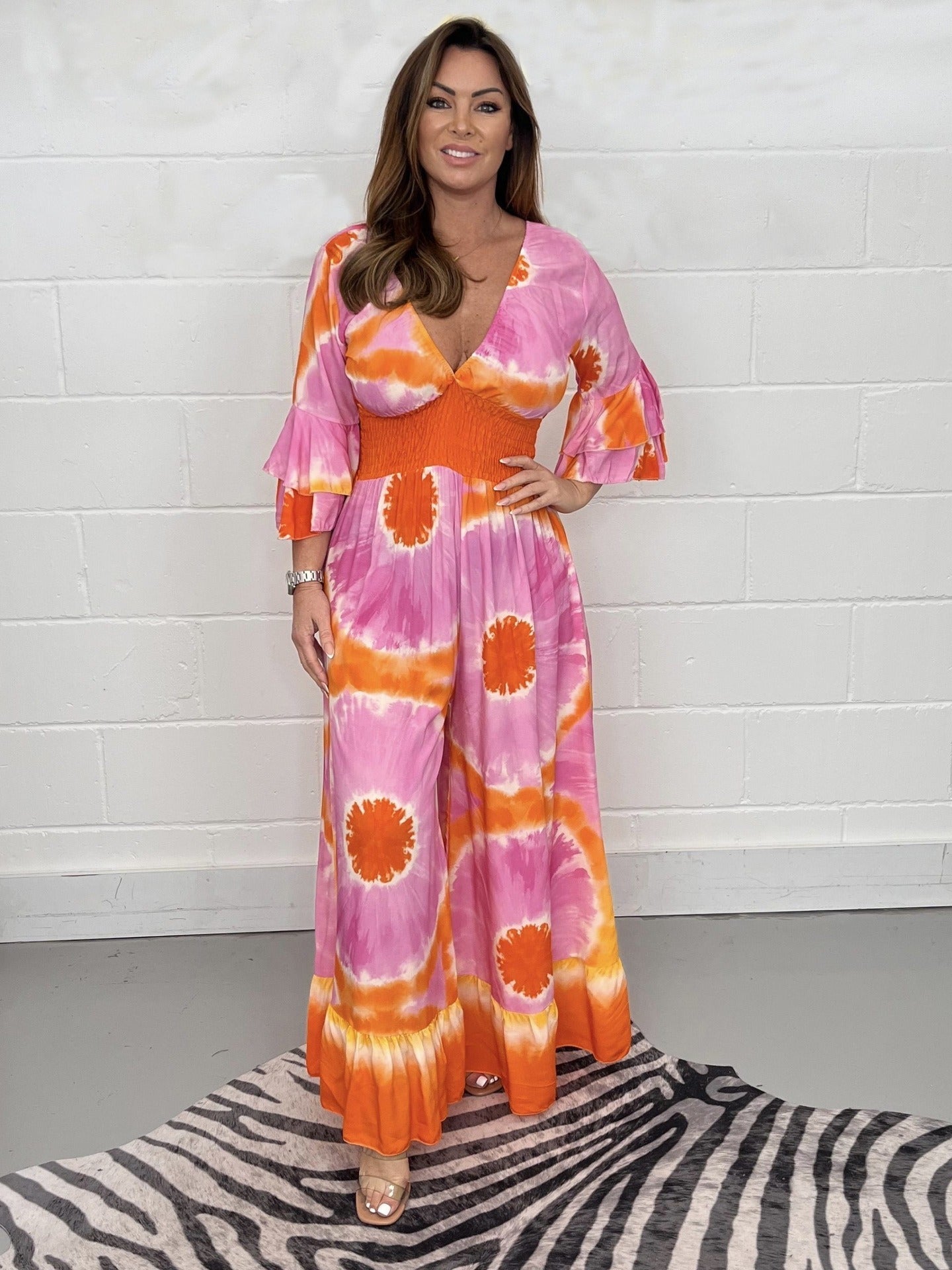 Combinaison Femme Imprimé Tie Dye Col V Manches Cloche Pantalon Évasé Coupe Décontractée