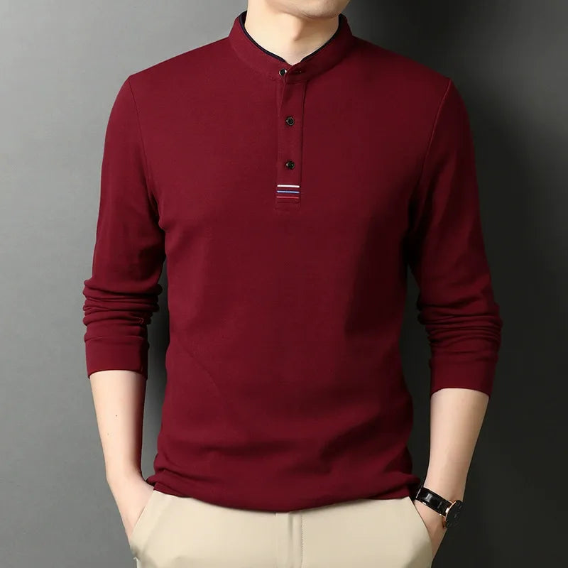 Amawinc Nordisk Flair T Shirt Homme Manches Longues en Coton Col Montant et Patte de Boutonnage Coupe Regular