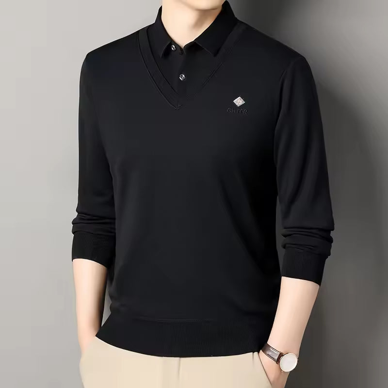 Pull Homme Nordisk Flair Col Polo En V Doublé Polaire Slim Fit Bordures Côtelées