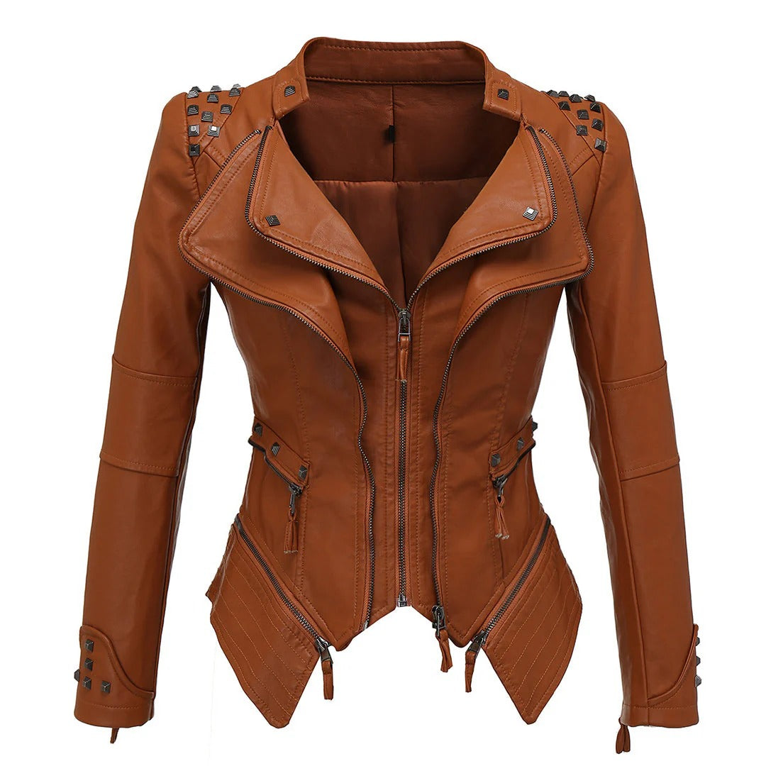 Veste Moto Femme Slim Fit Épaules Cloutées Zip Asymétrique Manches Zippées Cuir PU Haut De Qualité