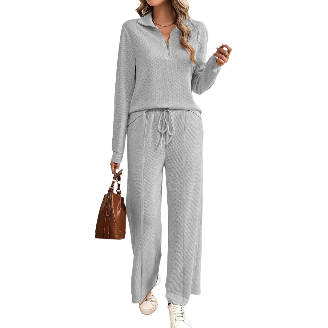 Ensemble Deux Pièces Lounge Pour Femme Décontracté Col Zippé Tricot Texturé Avec Taille À Cordon Nordisk Flair