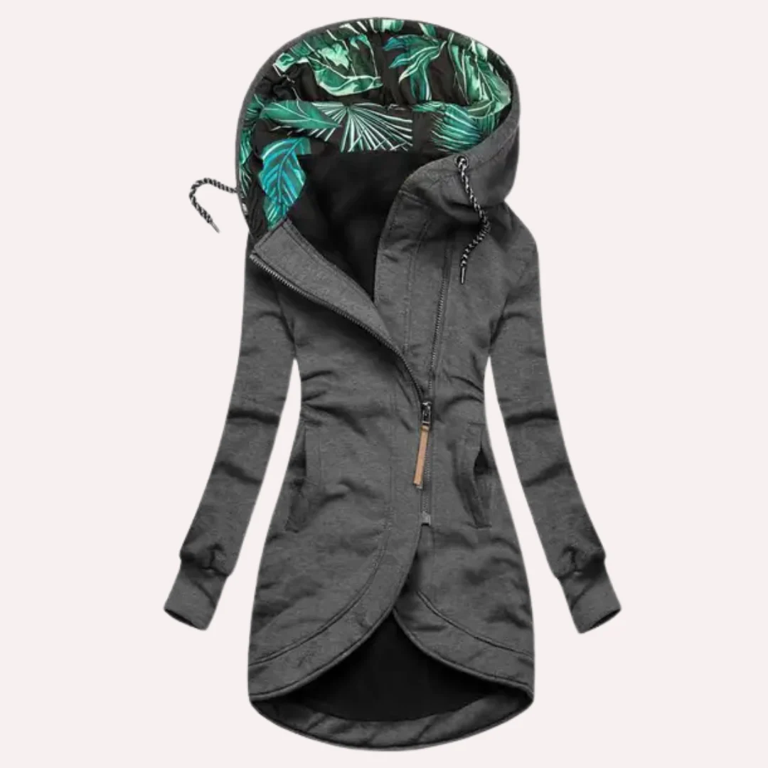 Veste Polaire Pour Femmes Slim Fit Capuche Doublure Imprimée Fermeture Éclair Asymétrique Nordisk Flair
