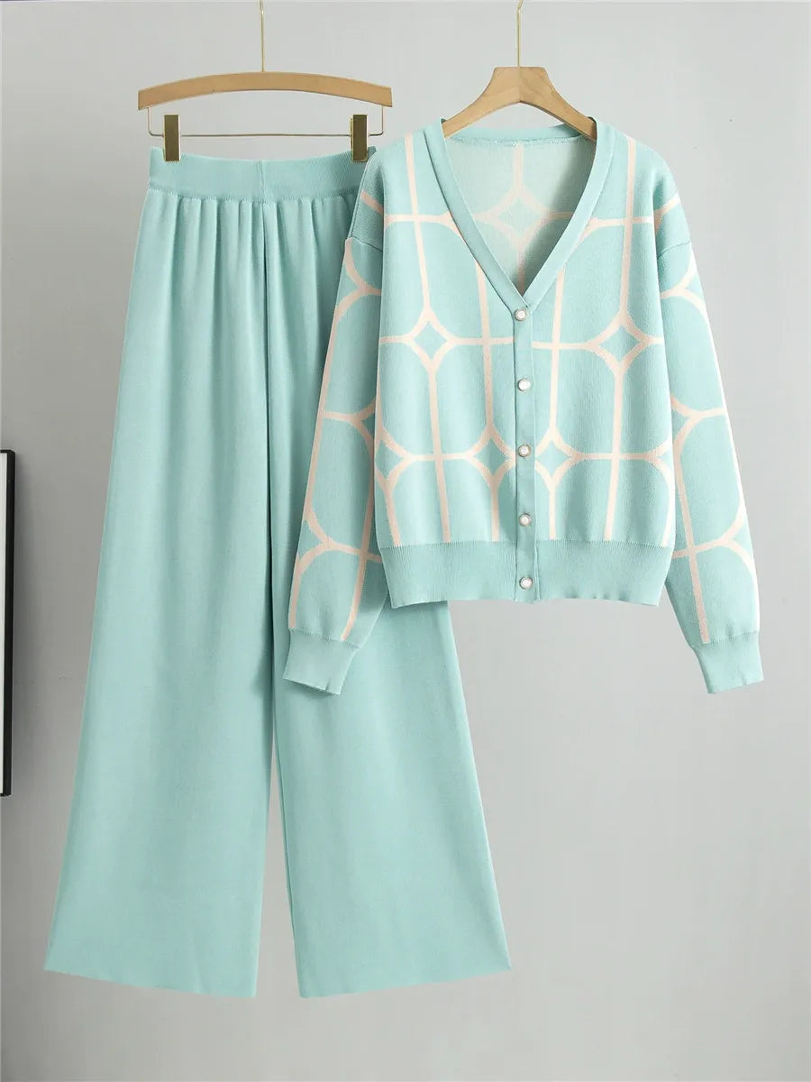 Ensemble Cardigan Deux Pièces en Maille Femme à Coupe Décontractée et Longueur Crop Encolure V Motif Géométrique