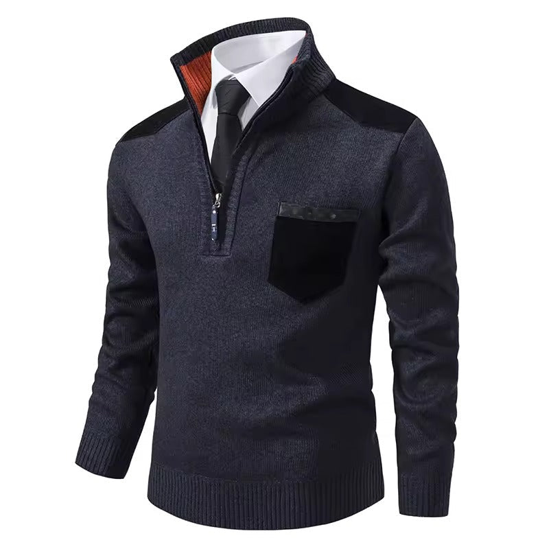 Pull En Laine Pour Homme Demi Zip Avec Patchs Sur Torse Et Épaules Coupe Regular