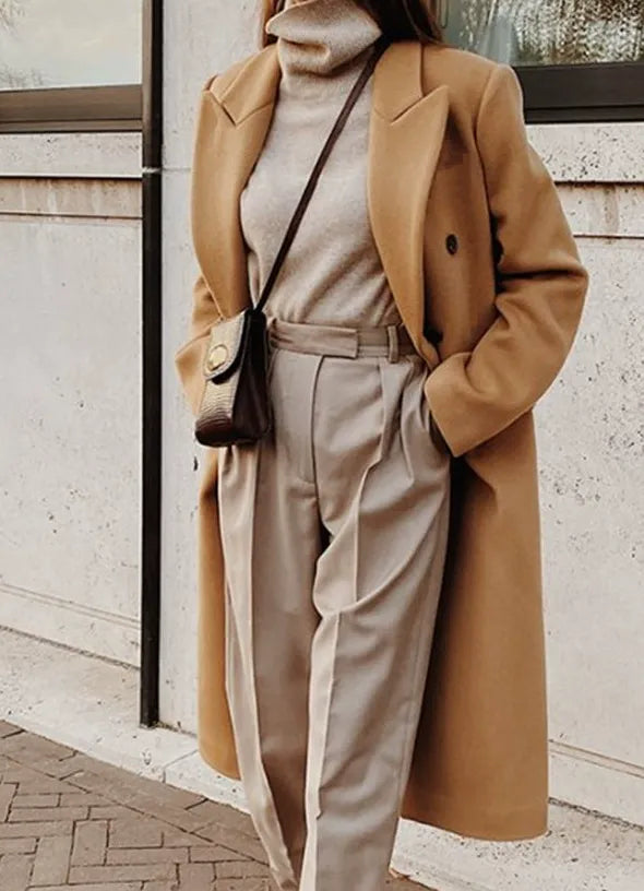 Manteau Long Femme Coupe Slim Effet Laine Avec Double Boutonnage Revers Classique