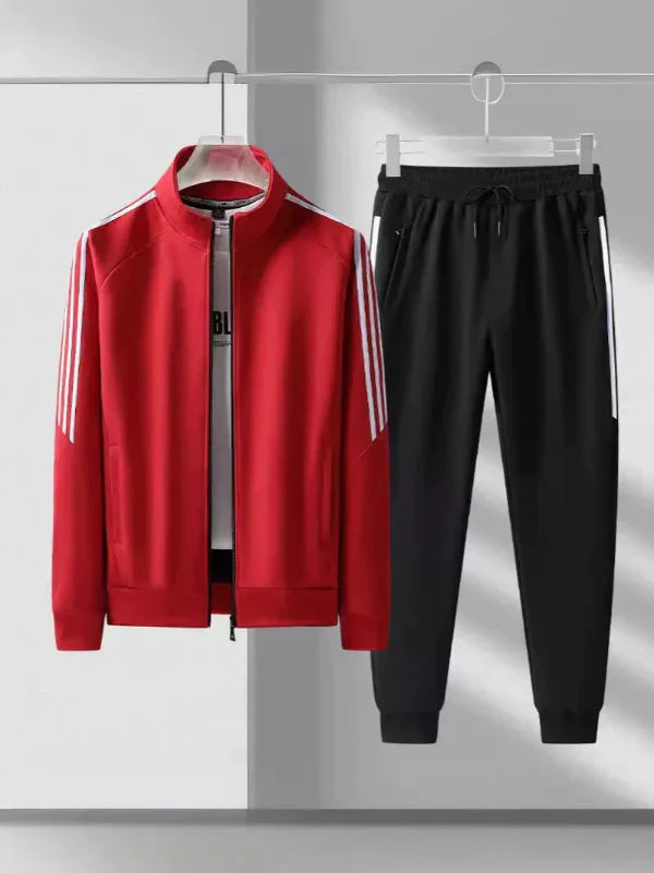 Ensemble Deux Pièces Athleisure Pour Homme Col Haut Veste Regular Fit Et Pantalon Jogger Tapered À Rayures